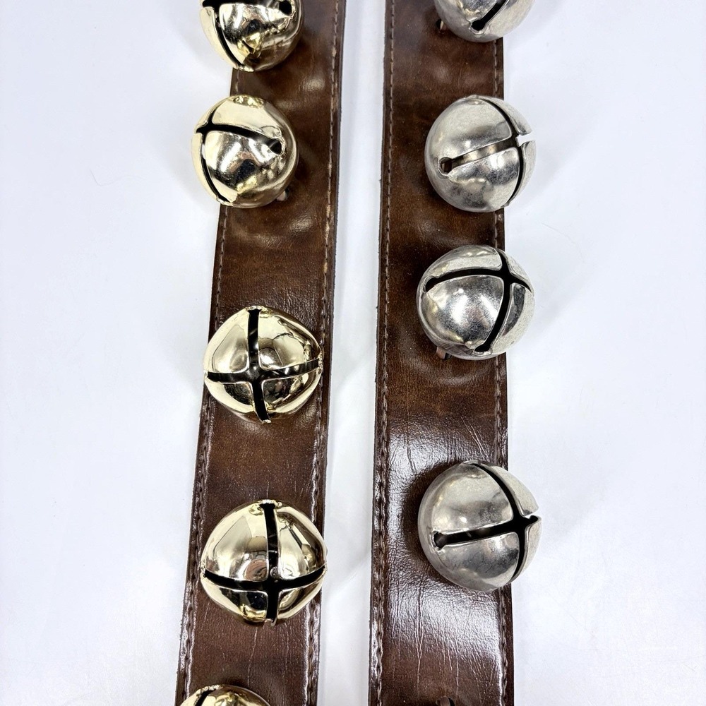 Vintage Sleigh Bells Brown Leather Straps Gold Silver Jingle Bells 2pk - Picture 3 of 10